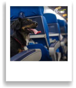 TrustParking | Blog: Fliegen mit Hund ab Köln/Bonn: Der ultimative Guide für stressfreies Reisen mit Ihrem Vierbeiner (Kleiner Hund auf einem Sitz im Flieger)