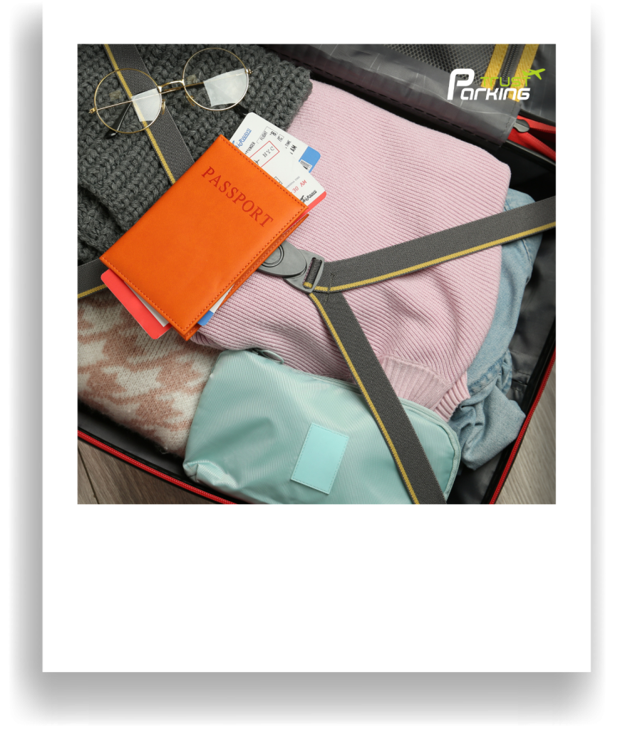 TrustParking | Blog: Reisevorbereitungen & Packtipps: Entspannt in den Urlaub starten ab Flughafen Köln/Bonn (Blick in einen gepackten Koffer mit Kleidung, Brille und Reisepass)